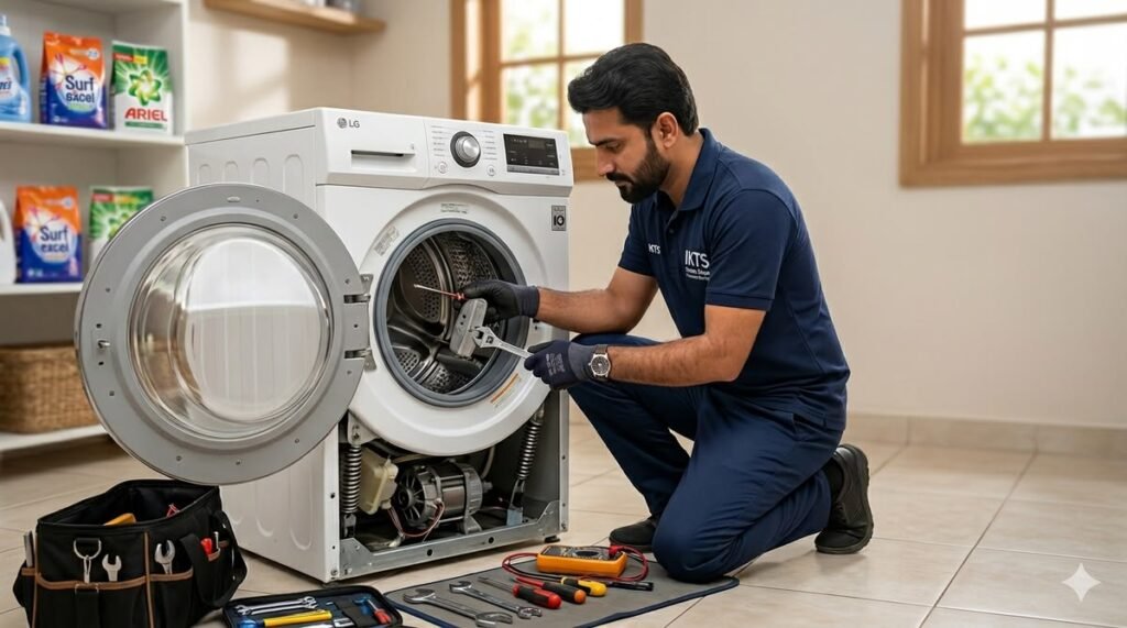 Technician checking a washing machine that is shaking violently during the spin cycle.
