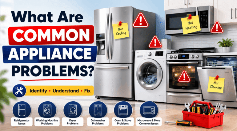 Common appliance problems and solutions for refrigerators, washers, dryers, dishwashers, ovens, and microwaves
