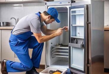 Technician inspecting a refrigerator making loud noise.