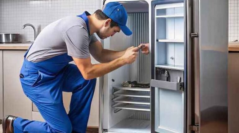 Technician inspecting a refrigerator making loud noise.