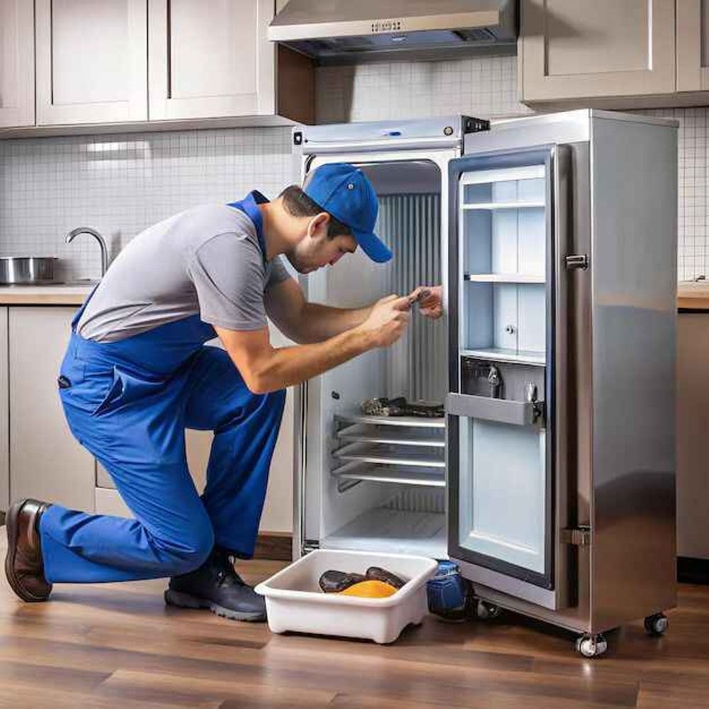 Technician inspecting a refrigerator making loud noise.