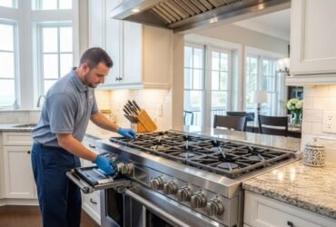 Technician inspecting an electric range oven that is not working.
