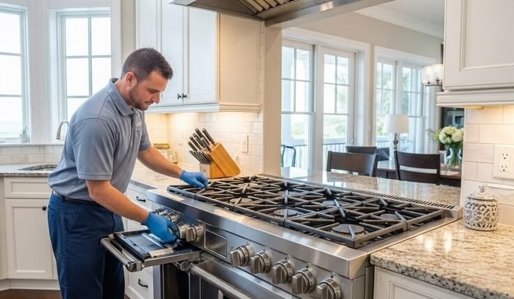 Technician inspecting an electric range oven that is not working.