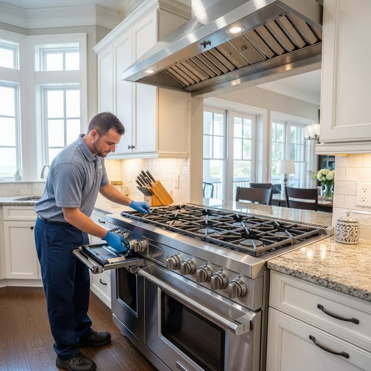 Technician inspecting an electric range oven that is not working.