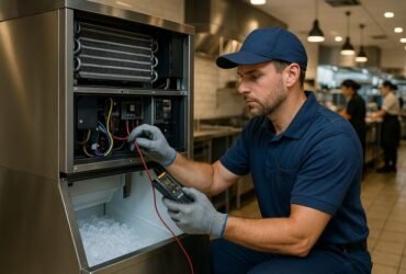Technician troubleshooting a refrigerator ice maker that stopped making ice.