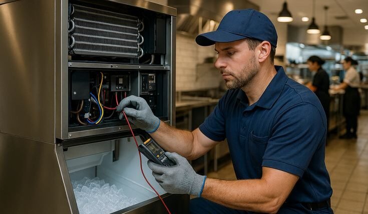 Technician troubleshooting a refrigerator ice maker that stopped making ice.