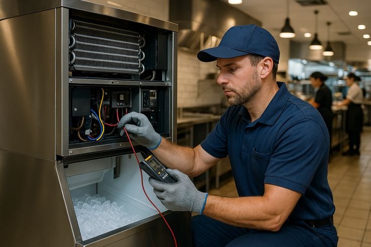 Technician troubleshooting a refrigerator ice maker that stopped making ice.